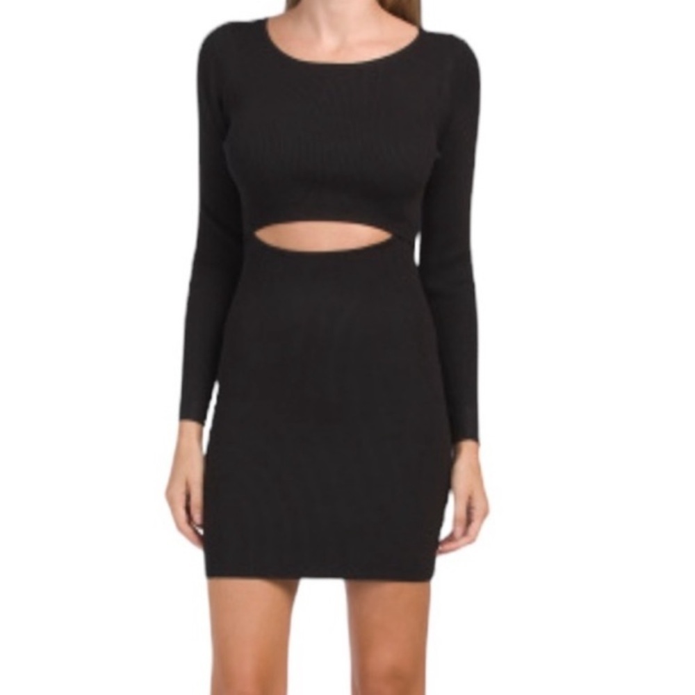 House of Harlow Long Sleeve Mini Black Knit Cutout Dress Bodycon Minimalist NWT